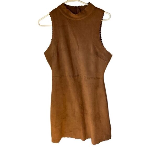HYFVE Scalloped Hem Mini Dress, Large. Faux Brown Suede. Microfiber. Pretty - Picture 2 of 14